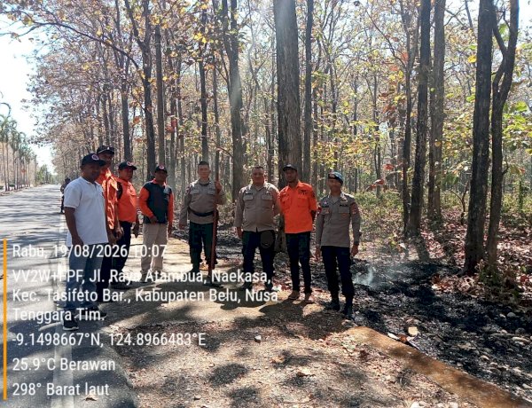 Gerak Cepat, Personel Polres Belu bersama Damkar dan UPT KPH Berjibaku Padamkan Api di Kawasan Hutan Lindung Nenuk