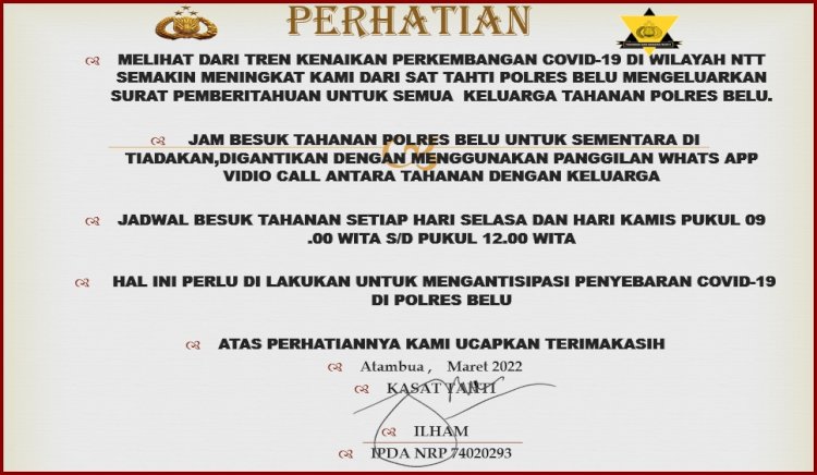 Cegah Peningkatan Kasus Covid-19, Sat Tahti Polres Belu Ganti Besuk Tahanan dengan Video Call