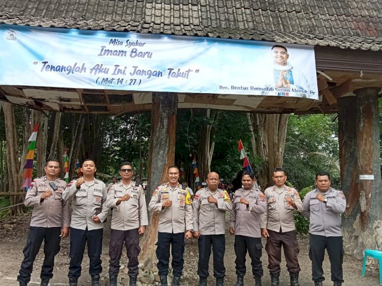 Dihadiri Ratusan Umat, Polsek Tasifeto Barat Amankan Perayaan Misa Syukur Imam Baru,Rm. Beatus Raynaldy Seran Morum Pr